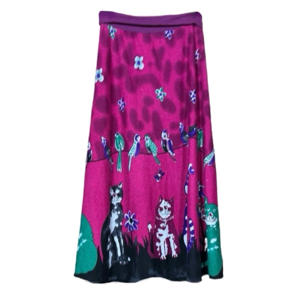 CAT Kitty themed A-line knit sweater skirt w BIRDS in pink green purple S or M - Picture 2 of 11